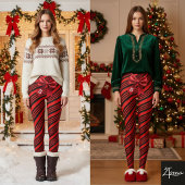 Red Black Diagonal Stripes Graphic Bow Leggings