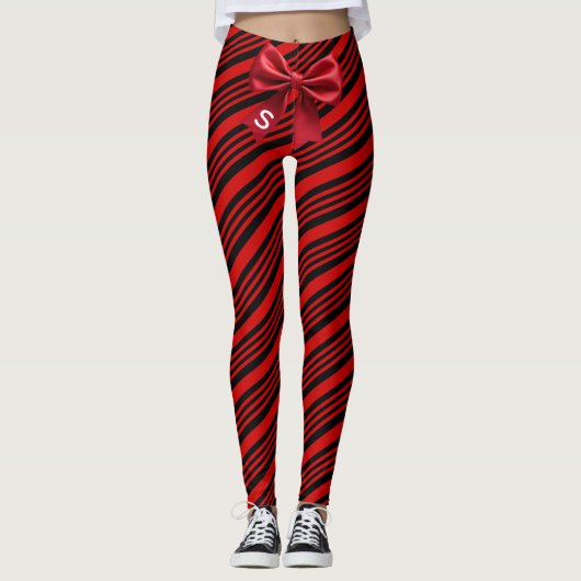 Red Black Diagonal Stripes Graphic Bow Leggings (Voorkant)