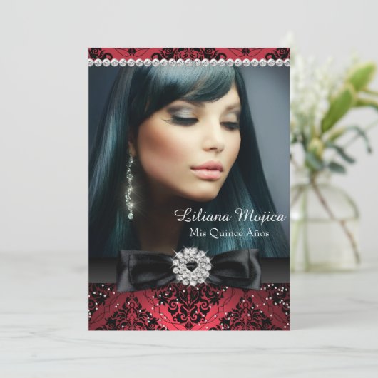 Red Black Diamond Bow Damask Quinceanera Kaart (Staand voorkant)