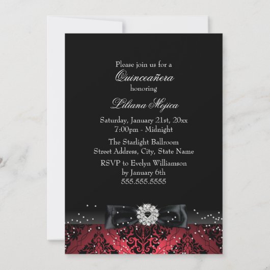 Red Black Diamond Bow Damask Quinceanera Kaart (Achterkant)