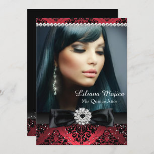 Red Black Diamond Bow Damask Quinceanera Kaart