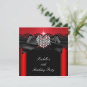 Red Black Diamond Heart Elegant Birthday Party Kaart (Staand voorkant)