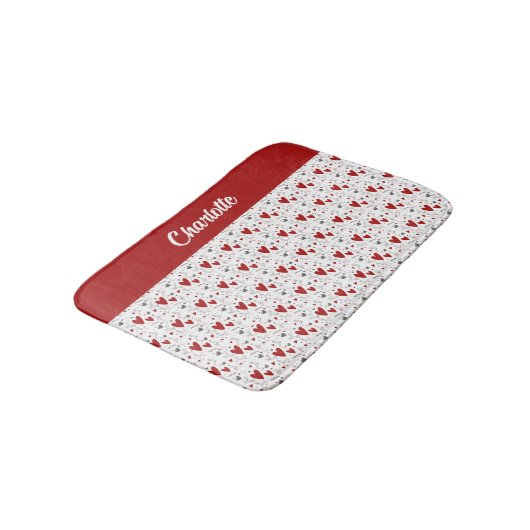 Red Black Doodle Hearts Retro Monogram Name Badmat (Gekanteld)