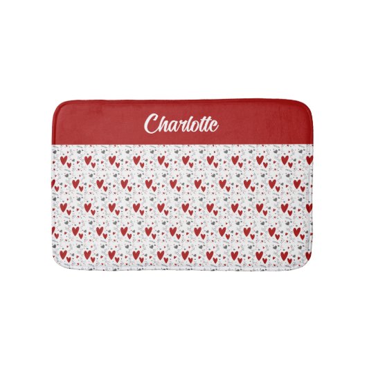 Red Black Doodle Hearts Retro Monogram Name Badmat (Voorkant)
