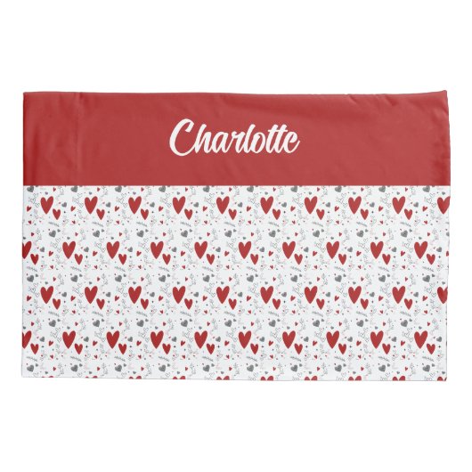 Red Black Doodle Hearts Retro Monogram Name Kussensloop (Achterkant)