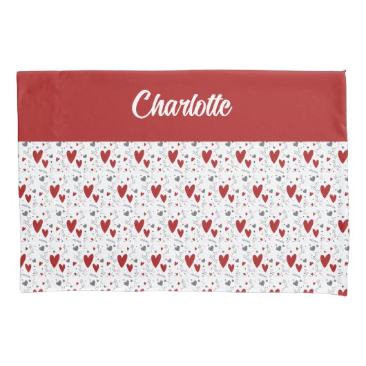 Red Black Doodle Hearts Retro Monogram Name Kussensloop (Voorkant)