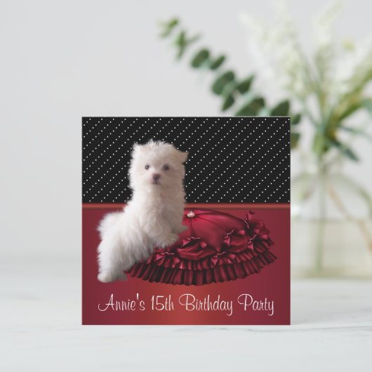 Red Black Dot Puppy 15e verjaardag Uitnodiging (Staand voorkant)