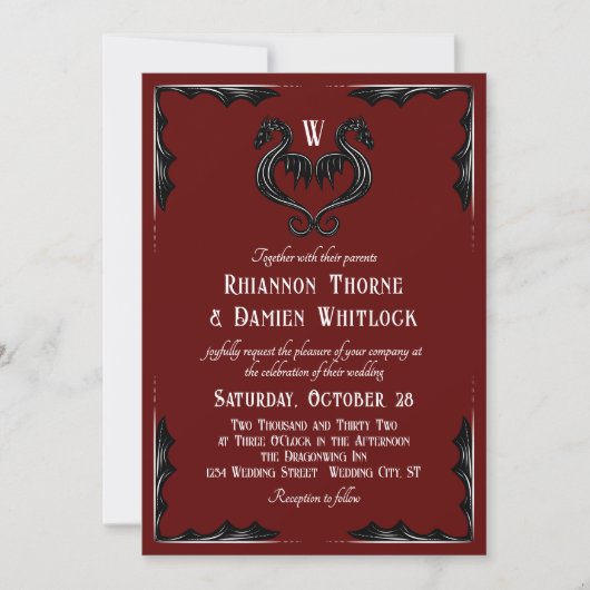 Red Black Dragon Monogram Fantasy Wedding Kaart (Voorkant)