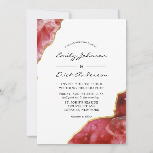 Red Black en Gold Agate Crystals Wedding Invitati Kaart (Voorkant)