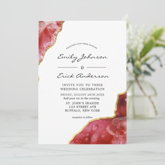 Red Black en Gold Agate Crystals Wedding Invitati Kaart (Staand voorkant)