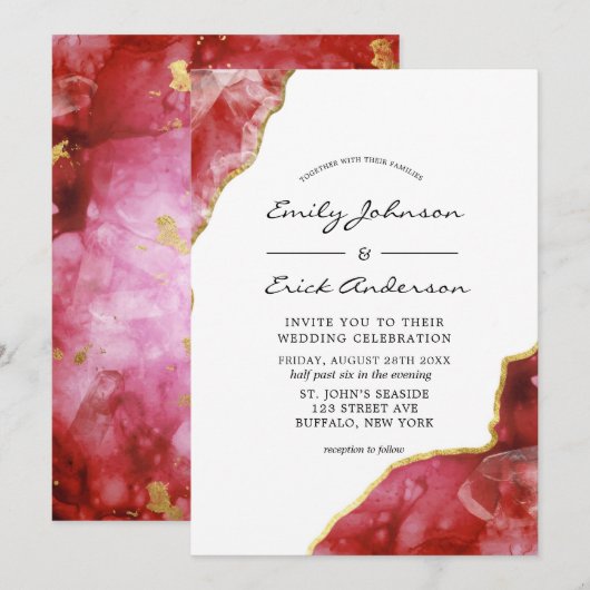 Red Black en Gold Agate Crystals Wedding Invitati Kaart (Voorkant / Achterkant)