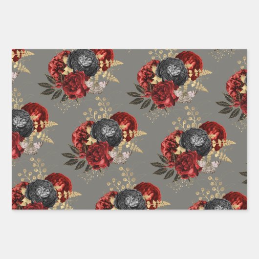 Red Black en Gold Floral Inpakpapier Vel (Voorkant 3)