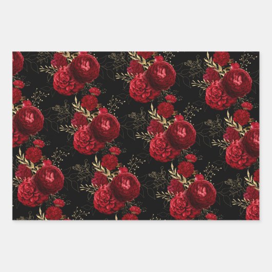Red Black en Gold Floral Inpakpapier Vel (Voorkant 2)