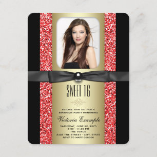 Red Black en Gold Glitter Sweet 16 Party Kaart