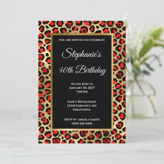 Red Black en Gold Leopard Glam 40e verjaardag Kaart (Staand voorkant)