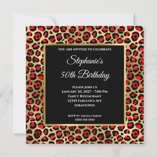 Red Black en Gold Leopard Glam 50e verjaardag Kaart (Voorkant)