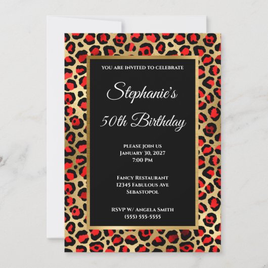 Red Black en Gold Leopard Glam 50e verjaardag Kaart (Voorkant)