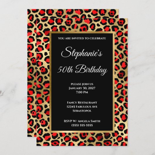 Red Black en Gold Leopard Glam 50e verjaardag Kaart (Voorkant / Achterkant)