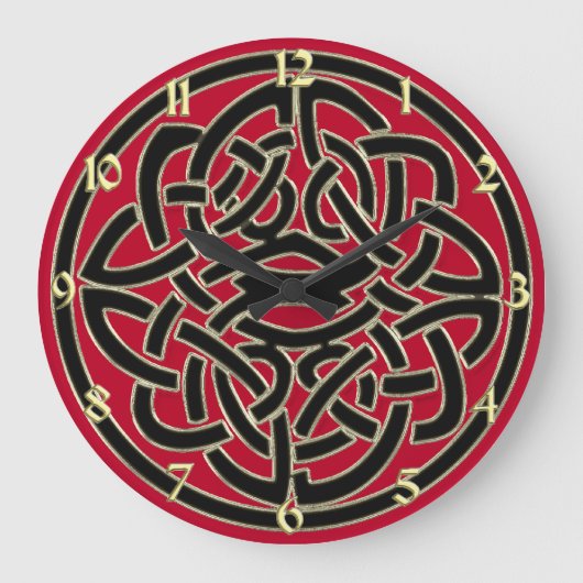 Red Black en Gold Metallic Celtic Knot Clock Grote Klok (Voorkant)