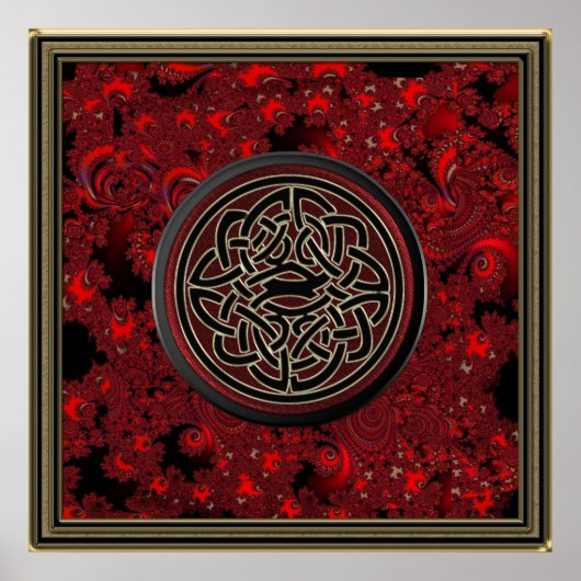 Red Black en Metallic Gold Celtic Knot op Fractal Poster (Voorkant)