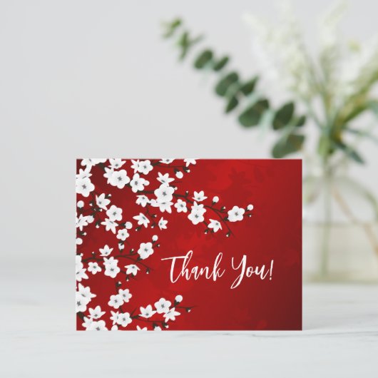 Red Black en White Cherry Blossom Dank je Briefkaart (Staand voorkant)