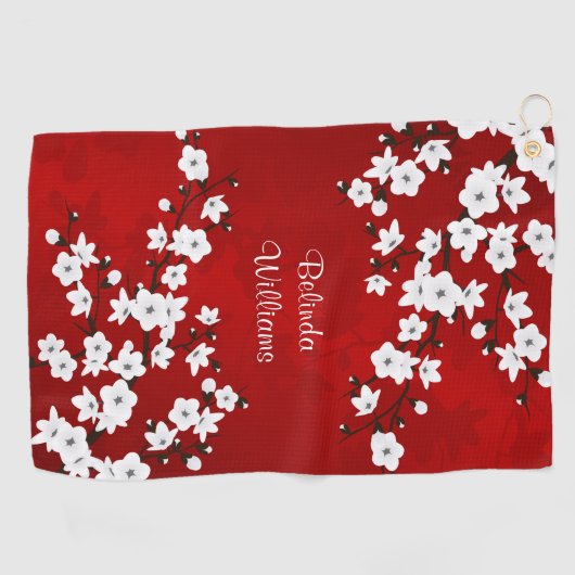 Red Black en White Cherry Blossom Golfhanddoek (Horizontaal)