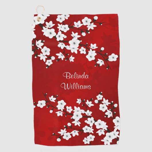 Red Black en White Cherry Blossom Golfhanddoek (Voorkant)