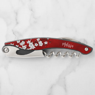 Red Black en White Cherry Blossom Monogram Waite Kurkentrekker