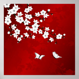 Red Black en White Cherry Blossom Poster