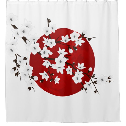 Red Black en White Cherry Blossom Rising Sun Douchegordijn (Voorkant)