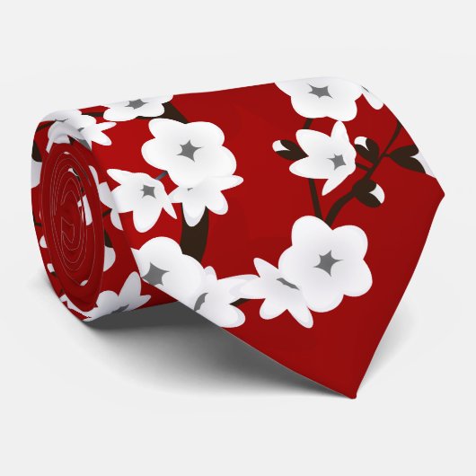 Red Black en White Cherry Blossom Stropdas (Opgerold)
