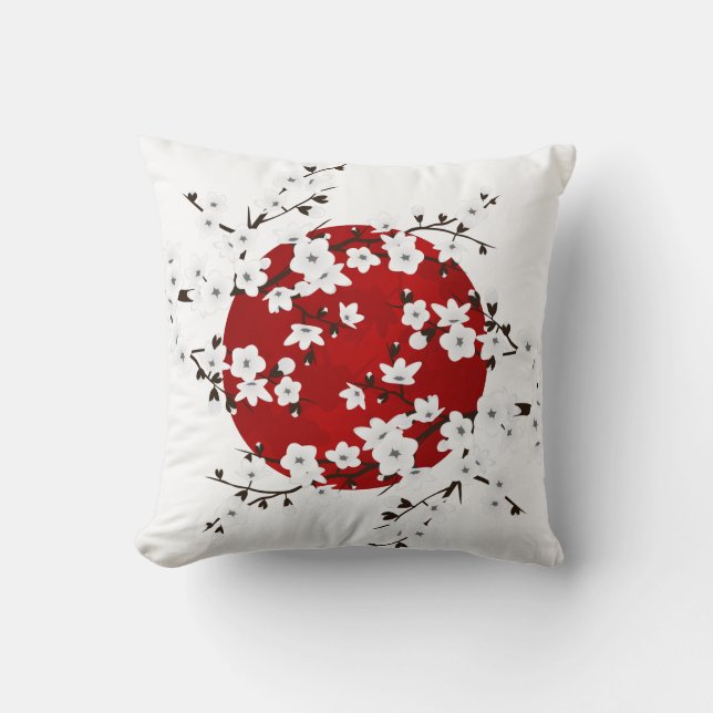 Red Black en White Cherry Blossom Sun Kussen (Voorkant)