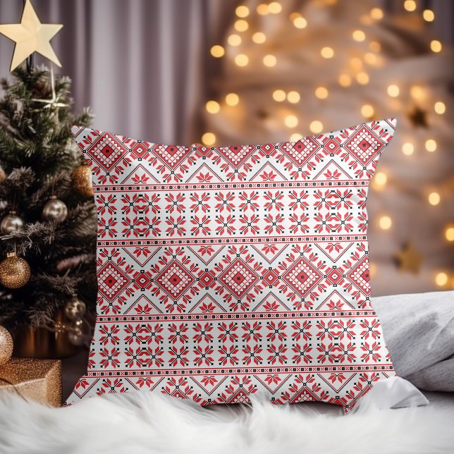 Red Black en White Classic Nordic Fair Isle Motif Kussen (Creator heeft geüpload)