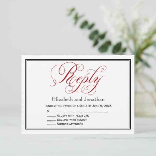 Red Black en White Script Wedding Reply Kaart (Staand voorkant)