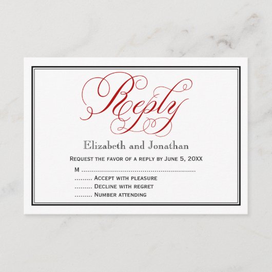 Red Black en White Script Wedding Reply Kaart (Voorkant)