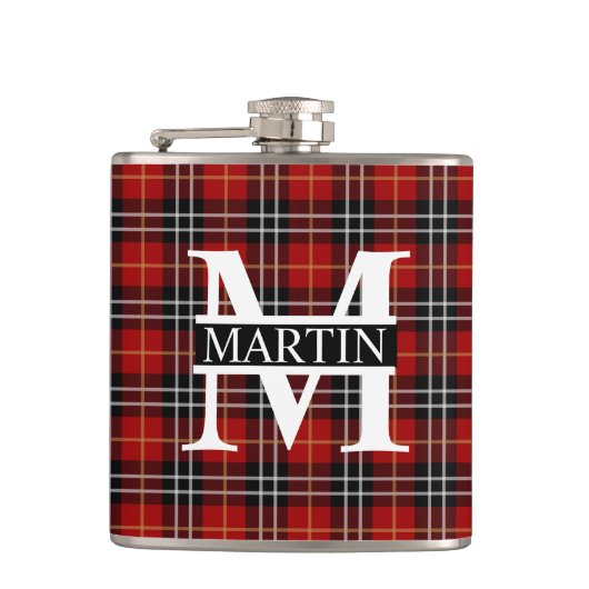 Red Black en White Tartan Monogrammen Heupfles (Voorkant)