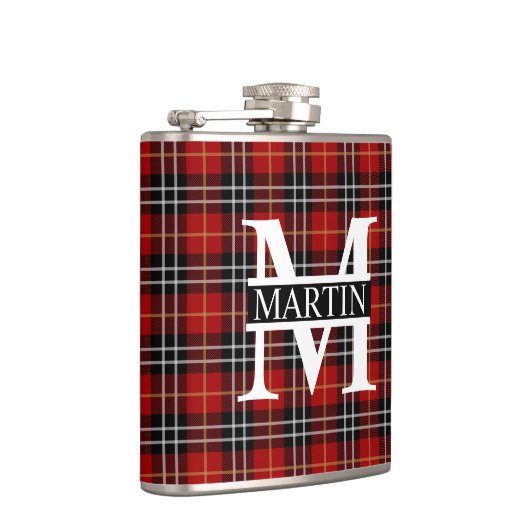 Red Black en White Tartan Monogrammen Heupfles (Rechts)