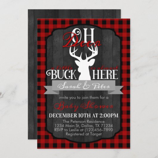 Red Black Flannel Deer Baby shower Invitation Kaart (Voorkant / Achterkant)