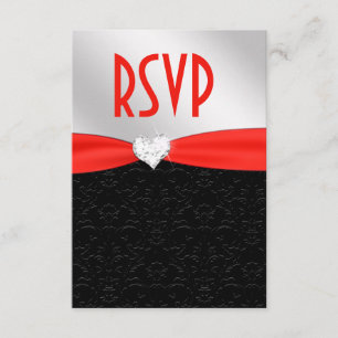 Red Black Floral Damask Diamond Heart RSVP Kaartje