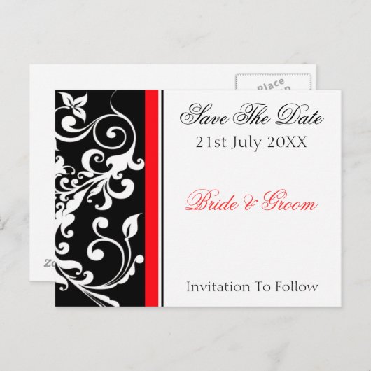 Red Black Floral slaat de datum op Aankondigingskaart (Voorkant / Achterkant)