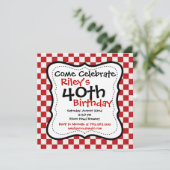 Red Black Gecontroleerd 40th Birthday Party Uitnod Kaart (Staand voorkant)