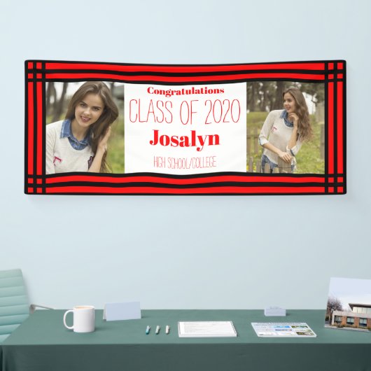 Red Black Geometric Two Photos Afstuderen Spandoek (Beurs)