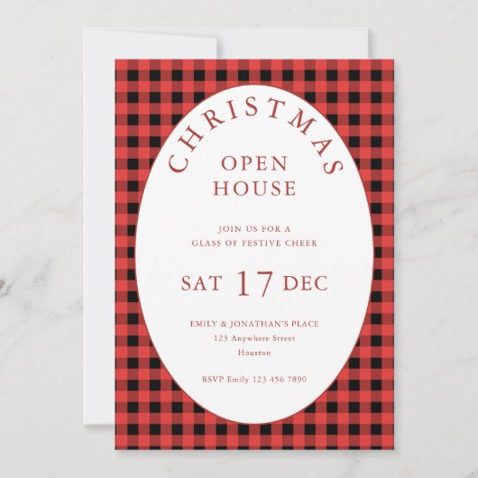 Red Black Gingham Christmas Open House Kaart (Voorkant)