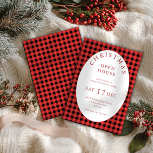 Red Black Gingham Christmas Open House Kaart