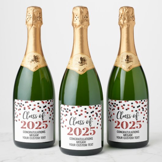 Red Black Glitter Klasse van 2025 Afstuderen Sparkling Wijnetiket (Flessen)