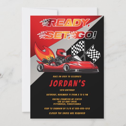 Red | Black Go Kart Racing Uitnodiging voor verjaa (Voorkant)