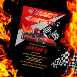 Red | Black Go Kart Racing Uitnodiging voor verjaa<br><div class="desc">Race verder om een verjaardag te vieren met een go kart-thema. Dit verjaardagsfeestontwerp heeft een rode en zwarte go kart met een rode helmaandrijving en vlammen die uit de achterkant van de go kart schieten. De woorden "Ready, Set, Go!" worden ook in een vlamgetint verloop gebruikt. Een paar geruite vlaggen...</div>