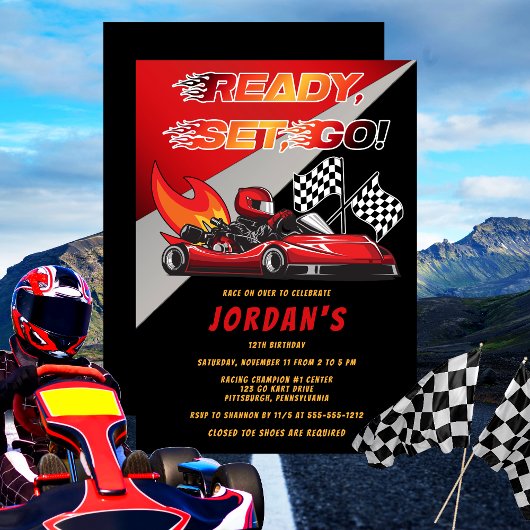 Red | Black Go Kart Racing Uitnodiging voor verjaa