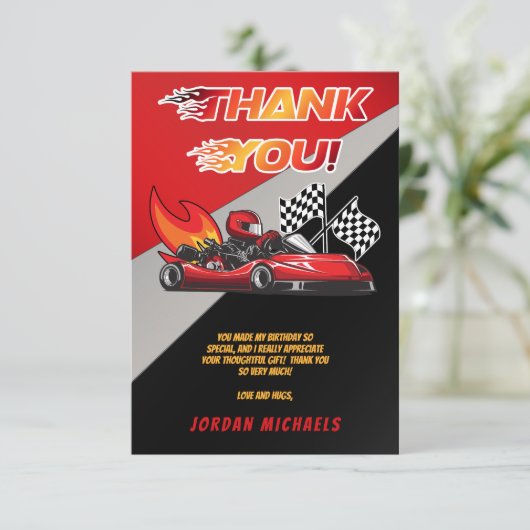 Red | Black Go Kart Racing Verjaardag Bedankkaart (Staand voorkant)