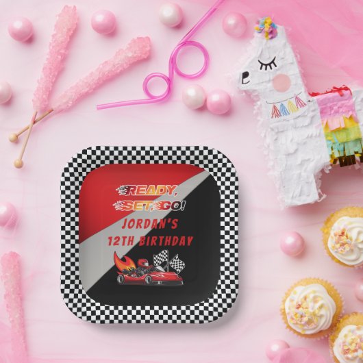 Red | Black Go Kart Racing Verjaardag Papieren Bordje (Feest)